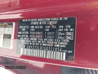2016 Hyundai Santa Fe z VIN 5XYZT3LB1GG321854, wystawiony jako IAAI lot #40244942 z przebiegiem Nie podano mil oraz . Historia ofert i sprzedaży dostępna na DreamBid. Obrazek 9.