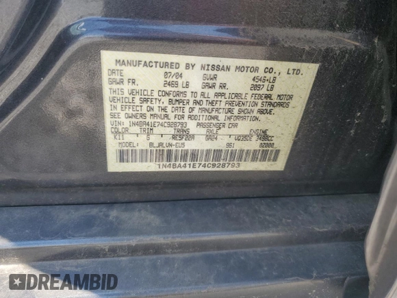 2004 Nissan Maxima SE with VIN 1N4BA41E74C928793, listed as a Copart auction lot 64747725 with 169,623 mi miles and Clean title. Bid and sale history available at DreamBid. Image 12.