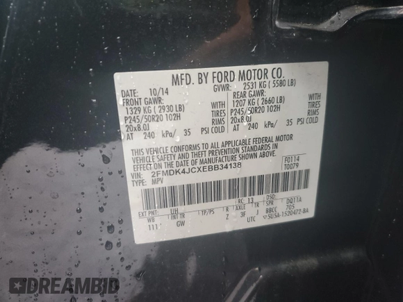 2014 Ford Edge SEL z VIN 2FMDK4JCXEBB34138, wystawiony jako Copart lot #55608335 z przebiegiem 77 423 mil mil oraz Szkoda całkowita • Salvage title. Historia ofert i sprzedaży dostępna na DreamBid. Obrazek 12.