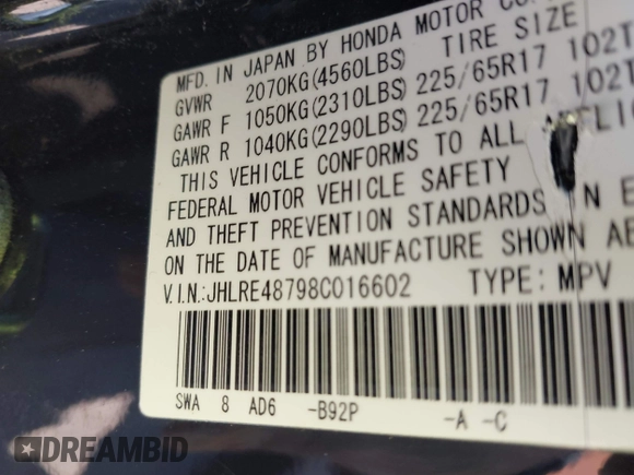 2008 Honda CR-V EX-L with VIN JHLRE48798C016602, listed as a IAAI auction lot 41988785 with 178,331 mi miles. Bid and sale history available at carsss.com. Image 9.