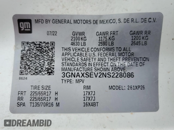 2022 Chevrolet Equinox LS z VIN 3GNAXSEV2NS228086, wystawiony jako Copart lot #56217415 z przebiegiem 193 756 mil mil oraz Szkoda całkowita • Salvage title. Historia ofert i sprzedaży dostępna na DreamBid. Obrazek 13.
