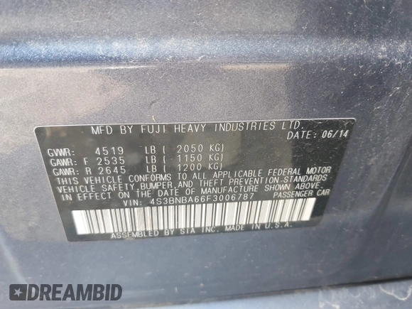 2015 Subaru Legacy 2.5i with VIN 4S3BNBA66F3006787, listed as a IAAI auction lot 42458823 with 102,912 mi miles and . Bid and sale history available at DreamBid. Image 9.