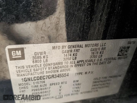 2016 Chevrolet Tahoe Commercial with VIN 1GNLCDEC7GR345554, listed as a Copart auction lot 53648435 with 103,402 mi miles and Clean title. Bid and sale history available at DreamBid. Image 14.