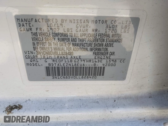 2020 Nissan Versa S with VIN 3N1CN8DV0LL828420, listed as a IAAI auction lot 42072646 with Not Provided miles. Bid and sale history available at carsss.com. Image 9.