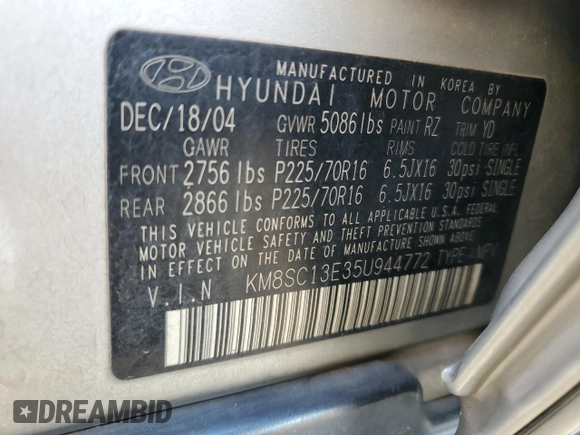 2005 Hyundai Santa Fe GLS with VIN KM8SC13E35U944772, listed as a Copart auction lot 76076634 with 115,754 mi miles and Salvage Title. Bid and sale history available at carsss.com. Image 14.
