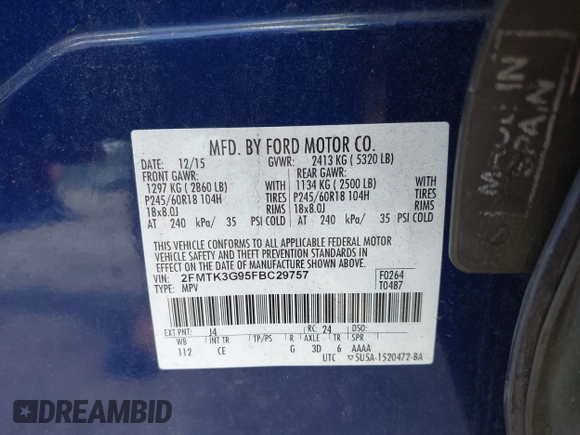 2015 Ford Edge SE with VIN 2FMTK3G95FBC29757, listed as a IAAI auction lot 42234661 with 178,276 mi miles and . Bid and sale history available at DreamBid. Image 9.