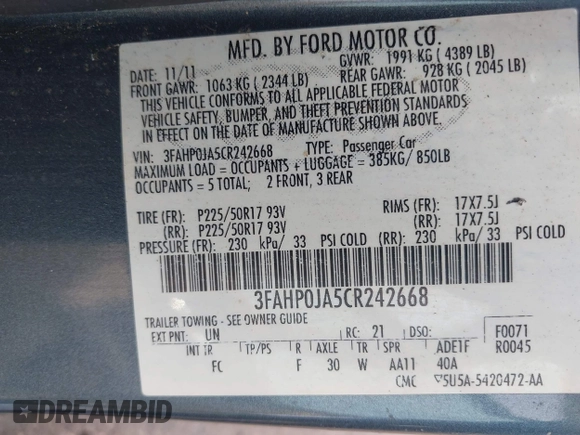 2012 Ford Fusion SEL с VIN 3FAHP0JA5CR242668, выставлен на аукционе IAAI как лот 42449102 с пробегом 179 274 миль миль и . История ставок и продаж доступна на DreamBid. Изображение 9.