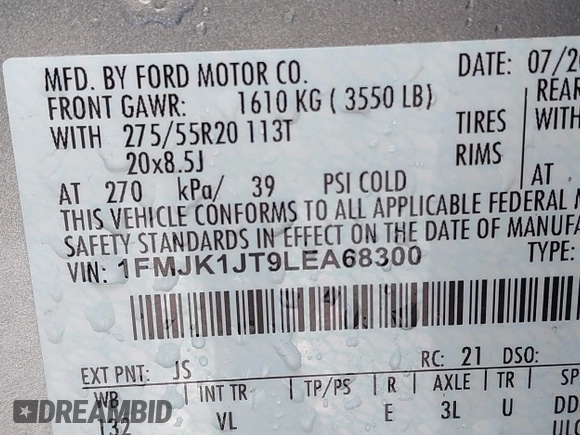 2020 Ford Expedition Max XLT с VIN 1FMJK1JT9LEA68300, выставлен на аукционе IAAI как лот 42275174 с пробегом 46 785 миль миль и . История ставок и продаж доступна на DreamBid. Изображение 9.
