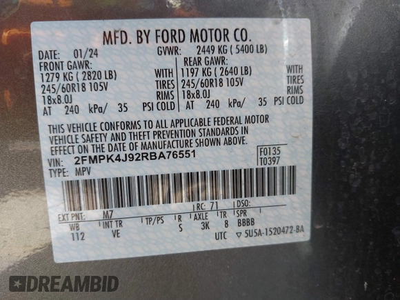 2024 Ford Edge SEL with VIN 2FMPK4J92RBA76551, listed as a IAAI auction lot 41692827 with 27,376 mi miles. Bid and sale history available at carsss.com. Image 9.