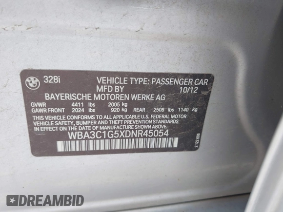 2013 BMW 3 Series 328i with VIN WBA3C1G5XDNR45054, listed as a IAAI auction lot 42504007 with 152,705 mi miles and . Bid and sale history available at DreamBid. Image 9.