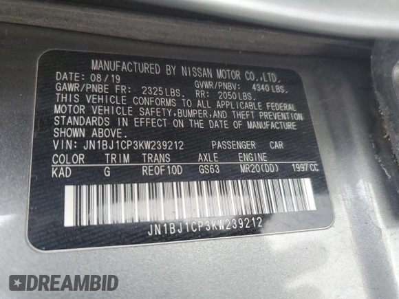 2019 Nissan Rogue S with VIN JN1BJ1CP3KW239212, listed as a Copart auction lot 88212105 with 89,270 mi miles and Salvage Title. Bid and sale history available at DreamBid. Image 15.