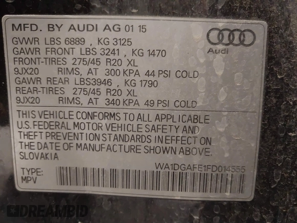 2015 Audi Q7 3.0T S line Prestige with VIN WA1DGAFE1FD014555, listed as a IAAI auction lot 41176881 with 149,546 mi miles. Bid and sale history available at carsss.com. Image 9.