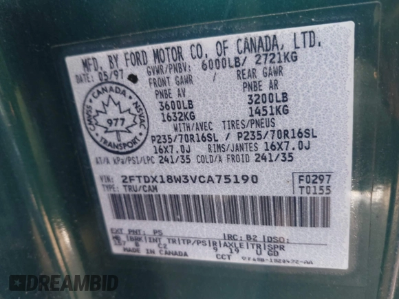 1997 Ford F-150 с VIN 2FTDX18W3VCA75190, выставлен на аукционе IAAI как лот 41496337 с пробегом 110 319 миль миль и . История ставок и продаж доступна на DreamBid. Изображение 9.