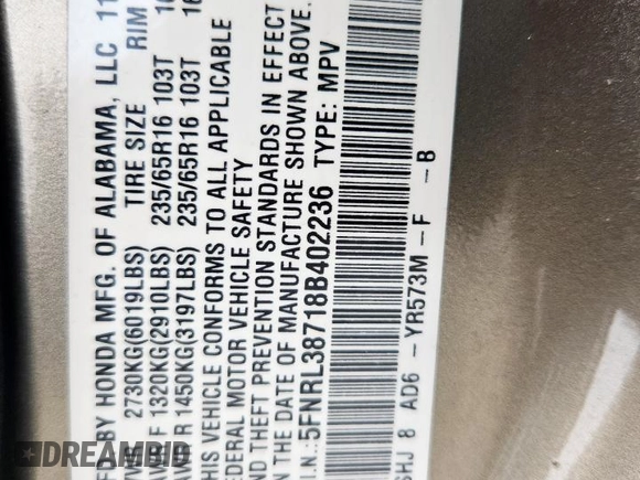 2008 Honda Odyssey EX-L z VIN 5FNRL38718B402236, wystawiony jako Copart lot #59355585 z przebiegiem 131 558 mil mil oraz Czysty tytuł • Clean title. Historia ofert i sprzedaży dostępna na DreamBid. Obrazek 13.