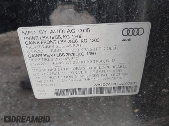 2016 Audi Q5 Premium Plus z VIN WA1D7AFP8GA007803, wystawiony jako IAAI lot #40316399 z przebiegiem 178 389 mil mil oraz . Historia ofert i sprzedaży dostępna na DreamBid. Obrazek 9.
