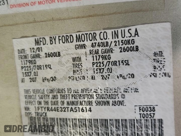 2002 Ford Ranger XLT Appearance with VIN 1FTYR44E32TA51614, listed as a Copart auction lot 61653905 with 194,762 mi miles and Salvage title. Bid and sale history available at DreamBid. Image 12.