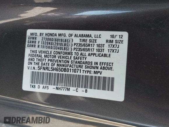 2013 Honda Odyssey EX-L with VIN 5FNRL5H65DB011071, listed as a IAAI auction lot 41992265 with 192,624 mi miles and . Bid and sale history available at DreamBid. Image 9.