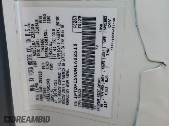 1991 Ford F-150 z VIN 1FTDF15N0MLA02510, wystawiony jako Copart lot #57076235 z przebiegiem 48 260 mil mil oraz Czysty tytuł • Clean title. Historia ofert i sprzedaży dostępna na DreamBid. Obrazek 12.