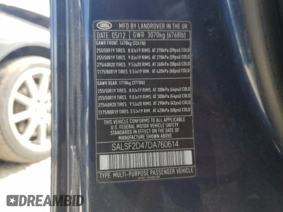 2013 Land Rover Range Rover Sport HSE with VIN SALSF2D47DA760614, listed as a Copart auction lot 68551564 with 82,518 mi miles and Salvage title. Bid and sale history available at DreamBid. Image 12.