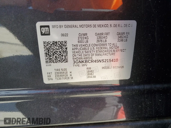2022 Chevrolet Blazer LT with VIN 3GNKBCR45NS215410, listed as a Copart auction lot 57513545 with 19,542 mi miles and Salvage title. Bid and sale history available at DreamBid. Image 12.