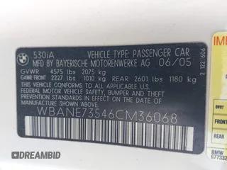 2006 BMW 5 Series 530i with VIN WBANE73546CM36068, listed as a IAAI auction lot 41826947 with Not Provided miles and . Bid and sale history available at carsss.com. Image 9.