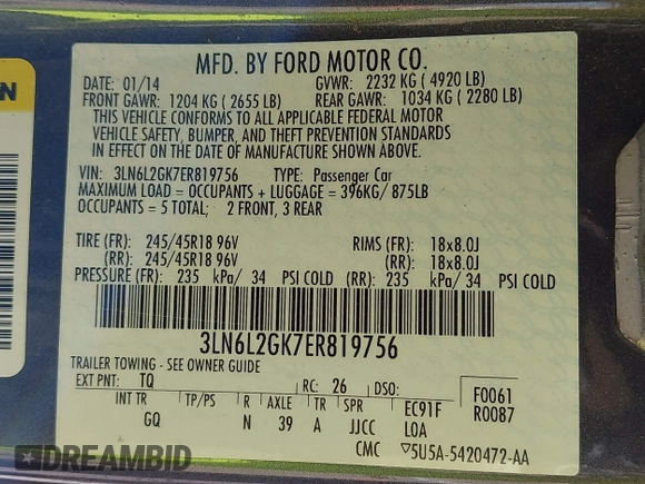 2014 Lincoln MKZ with VIN 3LN6L2GK7ER819756, listed as a IAAI auction lot 42242399 with 140,483 mi miles and . Bid and sale history available at DreamBid. Image 9.