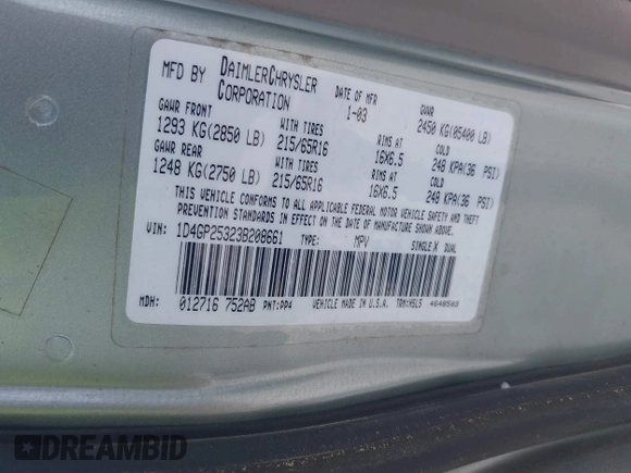 2003 Dodge Caravan SE with VIN 1D4GP25323B208661, listed as a IAAI auction lot 42766140 with 217,025 mi miles and . Bid and sale history available at DreamBid. Image 9.