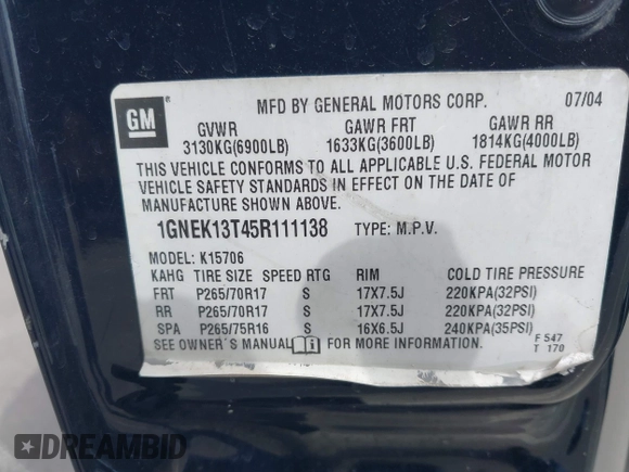 2005 Chevrolet Tahoe Z71 z VIN 1GNEK13T45R111138, wystawiony jako IAAI lot #41880322 z przebiegiem Nie podano mil oraz . Historia ofert i sprzedaży dostępna na DreamBid. Obrazek 9.