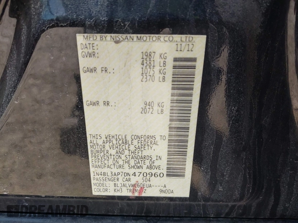 2013 Nissan Altima SV with VIN 1N4BL3AP7DN470960, listed as a IAAI auction lot 41968524 with 118,263 mi miles and . Bid and sale history available at DreamBid. Image 9.