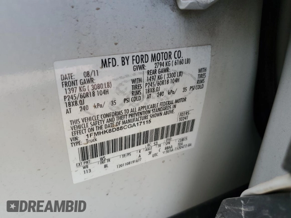 2012 Ford Explorer XLT with VIN 1FMHK8D88CGA17115, listed as a Copart auction lot 49899415 with 146,216 mi miles and Salvage Title. Bid and sale history available at DreamBid. Image 13.