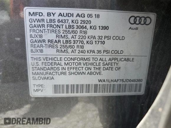 2018 Audi Q7 Premium Plus с VIN WA1LHAF75JD045360, выставлен на аукционе Copart как лот 61788105 с пробегом 114 825 миль миль и Чистый • Clean title. История ставок и продаж доступна на DreamBid. Изображение 13.