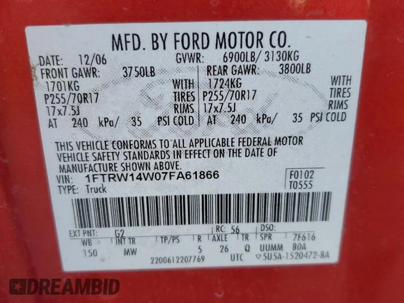 2007 Ford F-150 XLT with VIN 1FTRW14W07FA61866, listed as a Copart auction lot 86351004 with 250,615 mi miles and Salvage title. Bid and sale history available at DreamBid. Image 12.