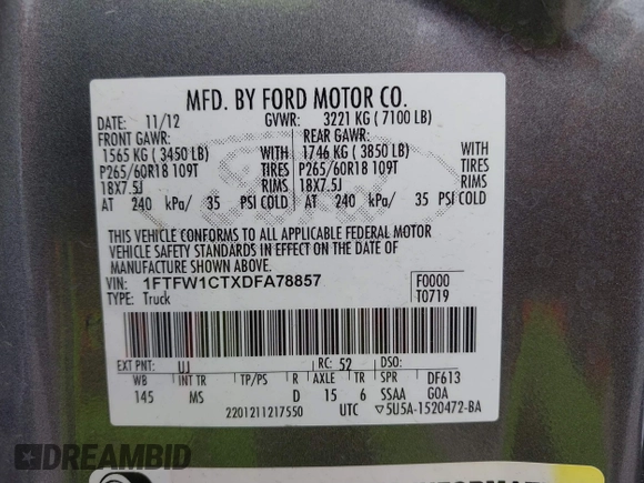 2013 Ford F-150 XL with VIN 1FTFW1CTXDFA78857, listed as a IAAI auction lot 42416880 with 215,031 mi miles and . Bid and sale history available at DreamBid. Image 9.
