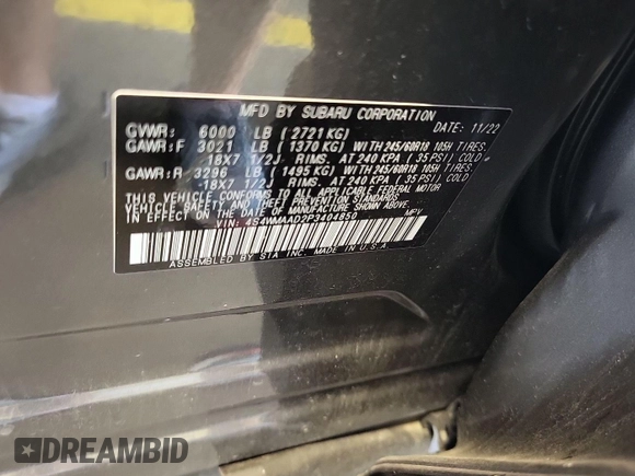2023 Subaru Ascent Premium with VIN 4S4WMAAD2P3404850, listed as a IAAI auction lot 42785378 with 22,509 mi miles and . Bid and sale history available at DreamBid. Image 3.