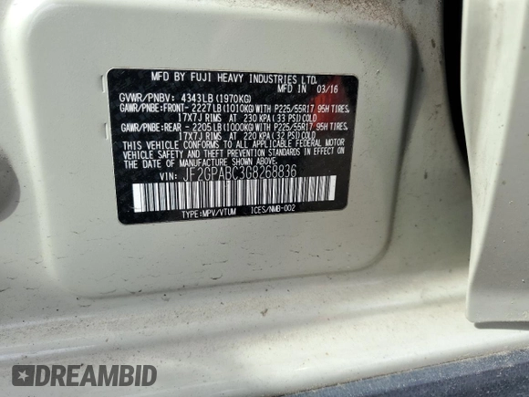 2016 Subaru Crosstrek Premium z VIN JF2GPABC3G8268836, wystawiony jako Copart lot #57565665 z przebiegiem 68 637 mil mil oraz Szkoda całkowita • Salvage title. Historia ofert i sprzedaży dostępna na DreamBid. Obrazek 12.