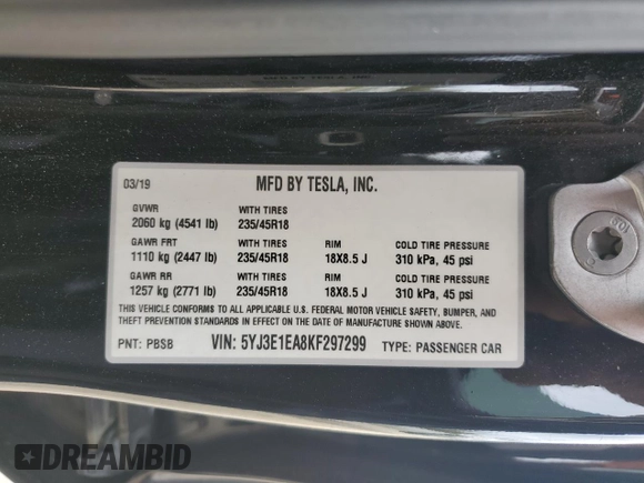 2019 Tesla Model 3 Mid Range z VIN 5YJ3E1EA8KF297299, wystawiony jako Copart lot #47935394 z przebiegiem 117 644 mil mil oraz Szkoda całkowita • Salvage title. Historia ofert i sprzedaży dostępna na DreamBid. Obrazek 12.