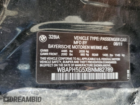 2011 BMW 3 Series 328i z VIN WBAPH5G5XBNM82789, wystawiony jako Copart lot #56939915 z przebiegiem 146 907 mil mil oraz Szkoda całkowita • Salvage title. Historia ofert i sprzedaży dostępna na DreamBid. Obrazek 12.