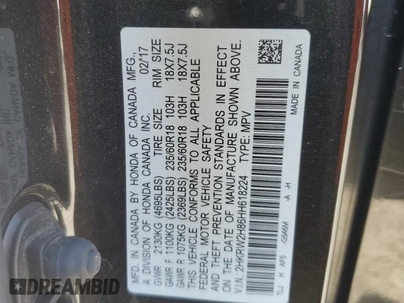 2017 Honda CR-V EX-L with VIN 2HKRW2H86HH618224, listed as a Copart auction lot 52004065 with 87,637 mi miles and Salvage Title. Bid and sale history available at carsss.com. Image 14.
