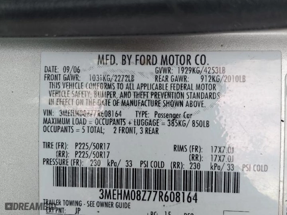 2007 Mercury Milan Premier with VIN 3MEHM08Z77R608164, listed as a Copart auction lot 51136515 with 208,136 mi miles and Salvage Title. Bid and sale history available at carsss.com. Image 12.