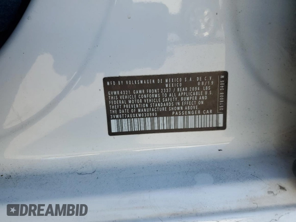 2019 Volkswagen GTI S z VIN 3VW6T7AUXKM030969, wystawiony jako Copart lot #54727865 z przebiegiem 75 991 mil mil oraz Szkoda całkowita • Salvage title. Historia ofert i sprzedaży dostępna na DreamBid. Obrazek 13.
