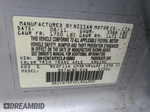 2012 Nissan Versa S z VIN 3N1CN7APXCL816002, wystawiony jako Copart lot #49552405 z przebiegiem 90 082 mil mil oraz Czysty tytuł • Clean title. Historia ofert i sprzedaży dostępna na DreamBid. Obrazek 12.