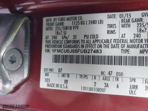 2015 Ford Escape Titanium with VIN 1FMCU0J95FUB27483, listed as a IAAI auction lot 41509309 with 128,810 mi miles. Bid and sale history available at carsss.com. Image 9.