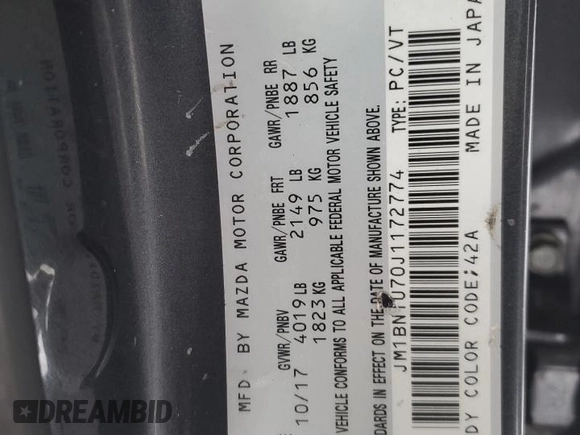 2018 Mazda 3 Sport with VIN JM1BN1U70J1172774, listed as a Copart auction lot 48121435 with 197,190 mi miles and Clean Title. Bid and sale history available at DreamBid. Image 12.