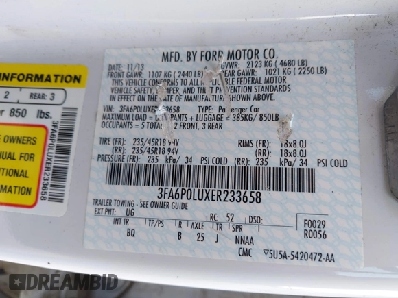 2014 Ford Fusion SE Hybrid with VIN 3FA6P0LUXER233658, listed as a IAAI auction lot 42311588 with 106,282 mi miles and . Bid and sale history available at DreamBid. Image 9.