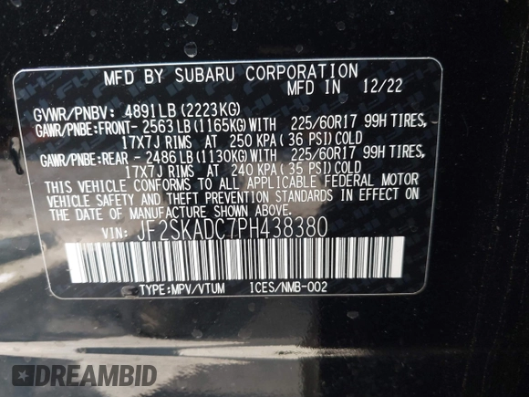 2023 Subaru Forester Premium with VIN JF2SKADC7PH438380, listed as a IAAI auction lot 42736499 with 23,989 mi miles and . Bid and sale history available at DreamBid. Image 9.