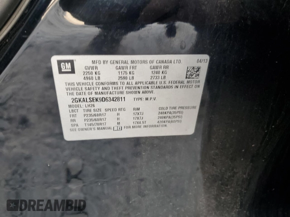 2013 GMC Terrain SLE with VIN 2GKALSEK9D6342811, listed as a Copart auction lot 60445485 with 124,660 mi miles and Salvage title. Bid and sale history available at DreamBid. Image 13.