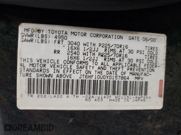 2000 Lexus RX 300 with VIN JT6HF10U0Y0157864, listed as a Copart auction lot 79877064 with 200,869 mi miles and Salvage Title. Bid and sale history available at carsss.com. Image 16.