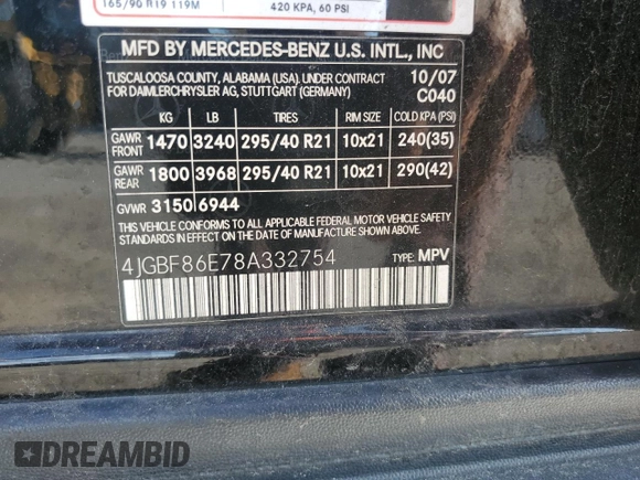 2008 Mercedes-Benz GL-Class 5.5L with VIN 4JGBF86E78A332754, listed as a Copart auction lot 61746154 with 184,648 mi miles and Clean Title. Bid and sale history available at carsss.com. Image 13.