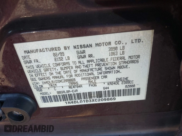 1999 Nissan Altima XE with VIN 1N4DL01D3XC209869, listed as a IAAI auction lot 41414580 with 175,076 mi miles. Bid and sale history available at carsss.com. Image 9.