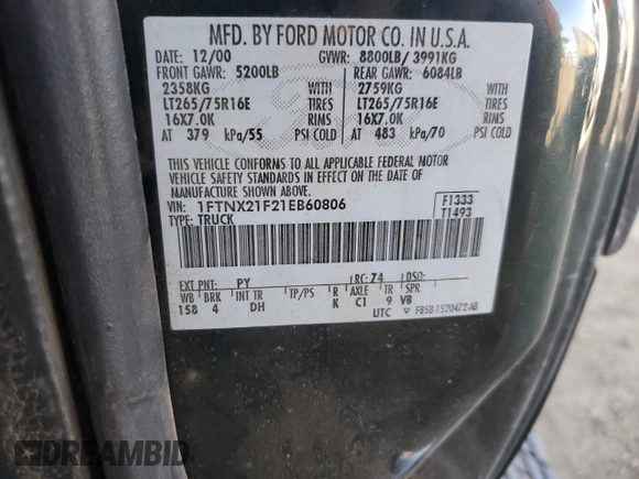 2001 Ford Super Duty F-250 XL with VIN 1FTNX21F21EB60806, listed as a Copart auction lot 42493565 with 142,977 mi miles and Salvage Title. Bid and sale history available at carsss.com. Image 13.